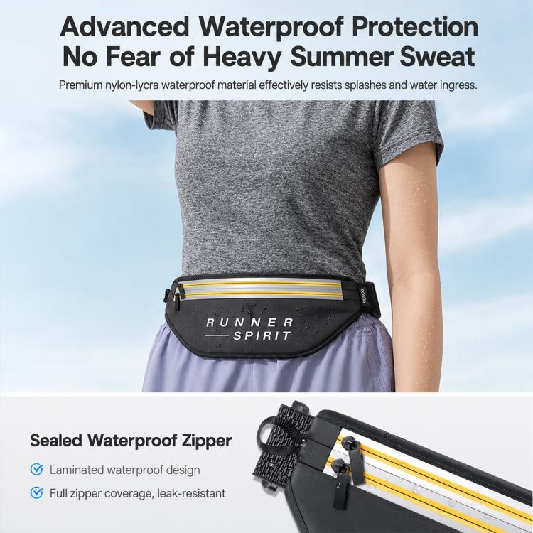 Black waist bag worn at waist with reflective yellow stripe and sealed zipper