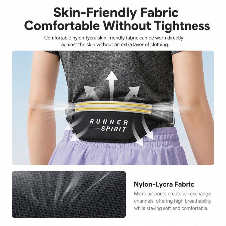 Black elastic waist pouch with reflective yellow stripe and front sealed zipper