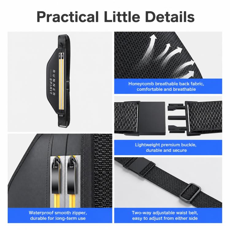 Black waist bag detail view: waterproof zipper and reflective yellow stripe