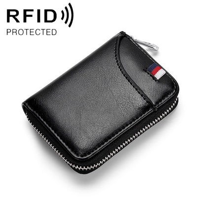 Black leather RFID card wallet with zip closure and stitched edges