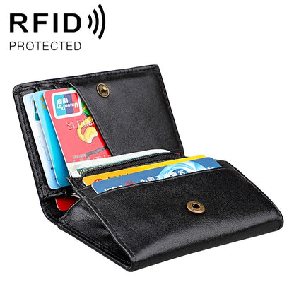 Black RFID card holder wallet with snap closure and card slots, opened view