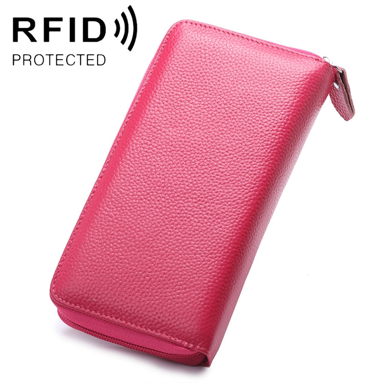 RFID phone wallet purse in pink textured leather with zip-top closure