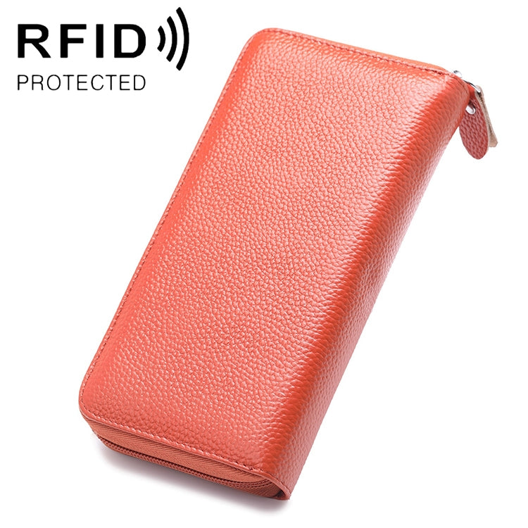 RFID phone wallet purse in coral textured leather with zip-top closure