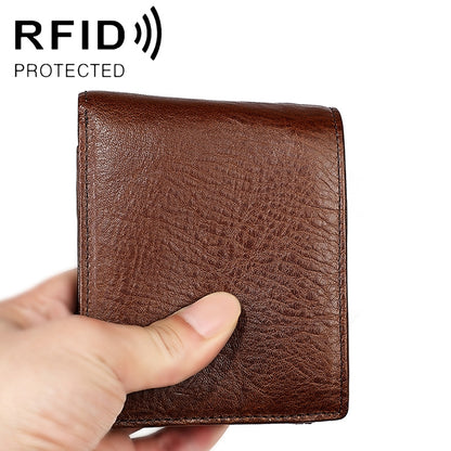 Brown textured leather bi-fold wallet with card slot and slim profile.