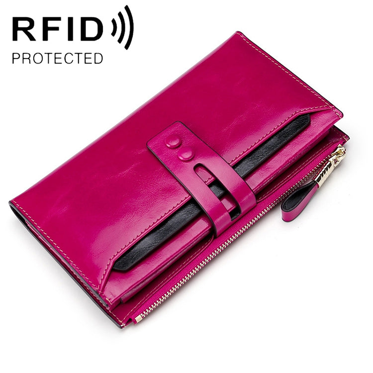 Rose purple leather lady wallet with snap flap, detachable card slot, and zip-around closure
