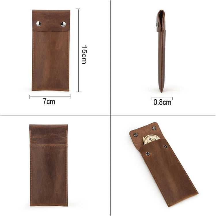 Slim leather watch protective case with snap top; dimensions shown on layout
