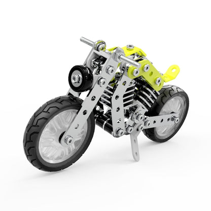Assembled metal DIY motorcycle model with black tires and lime green accents.
