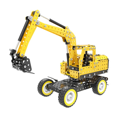 Yellow and black stainless-steel excavator build set with front bucket and four wheels
