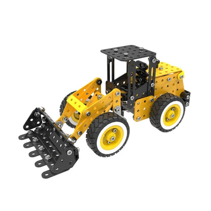 Yellow and black DIY stainless steel loader with black fork attachment and large wheels