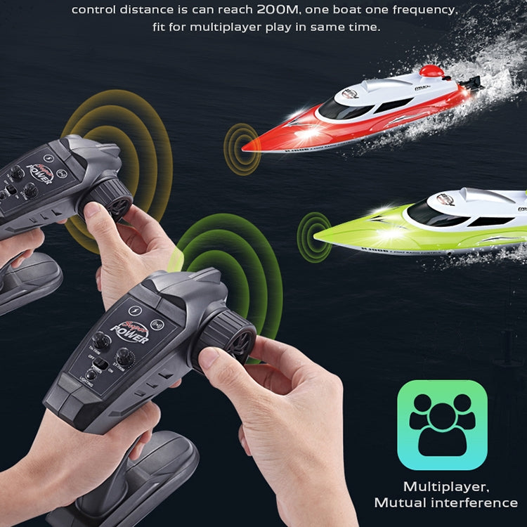 Red and white RC racing yacht with remote controller, control range rings shown