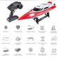 Red and white racing speedboat with black remote controller and front red dome