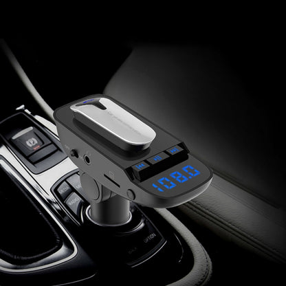 Black wireless car Bluetooth headset adapter with blue LED display and hands-free button