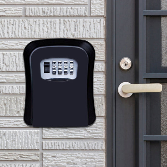Black metal wall-mounted combination key lock box beside a door