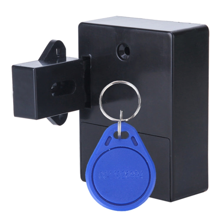 Black induction cabinet lock with blue key fob and metal key ring