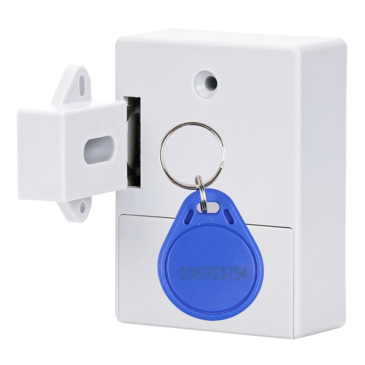 White induction cabinet lock with blue key fob and metal key ring