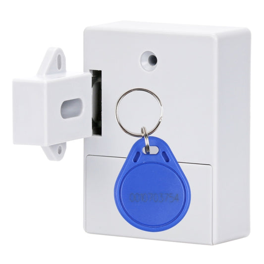 White induction cabinet lock with blue key fob and metal key ring