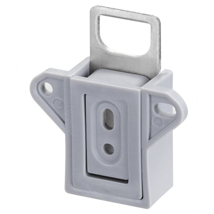 White cabinet lock latch housing with mounting bracket and keyhole opening