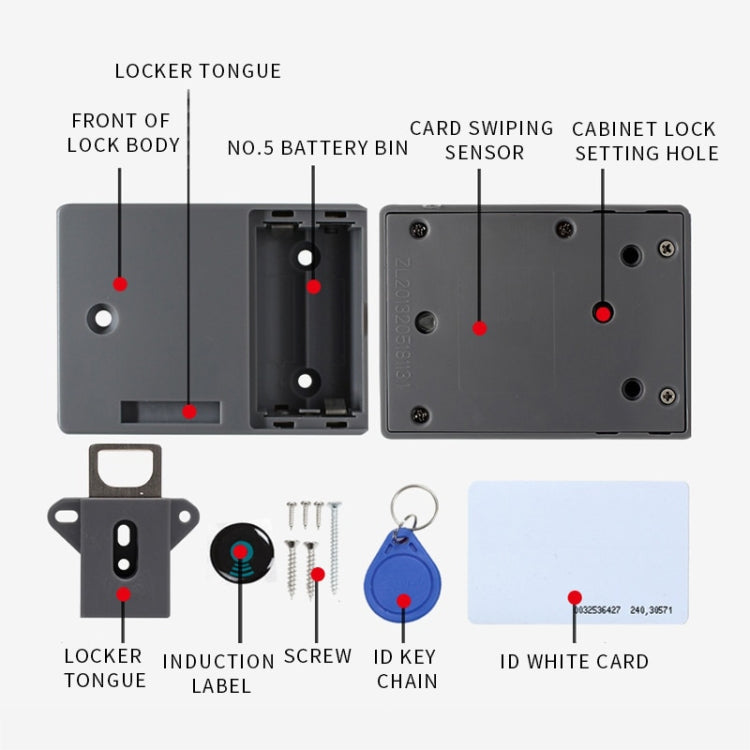 Invisible magnetic card cabinet lock with mounting plate, screws, and key tag
