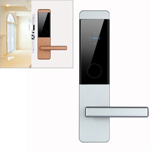Silver hotel electronic door lock with black card reader panel and horizontal lever
