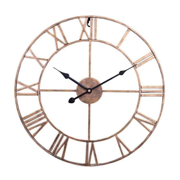 Round wall clock with white face, bronze roman numeral frame, dark hands
