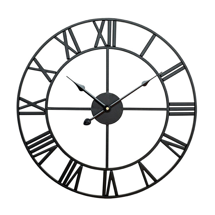 Black iron round wall clock with Roman numeral markers and three dark hands