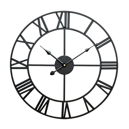 Black iron round wall clock with Roman numeral markers and three dark hands