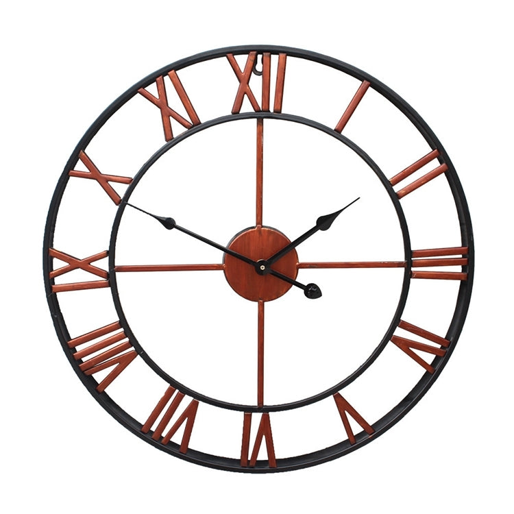 Round wall clock with Roman numeral-style ring, black frame and rust accents