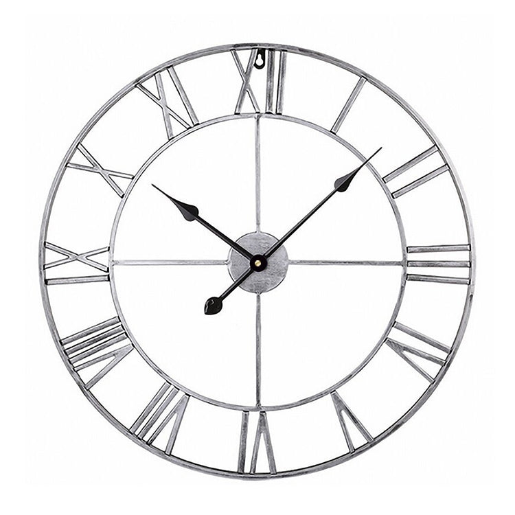 Round wall clock with Roman numeral-style ring, silver frame and black hands