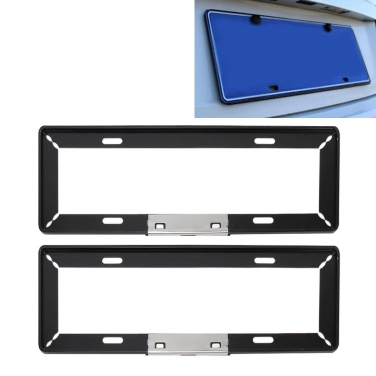 Set of two black license plate frame holders with mounting brackets and screw slots