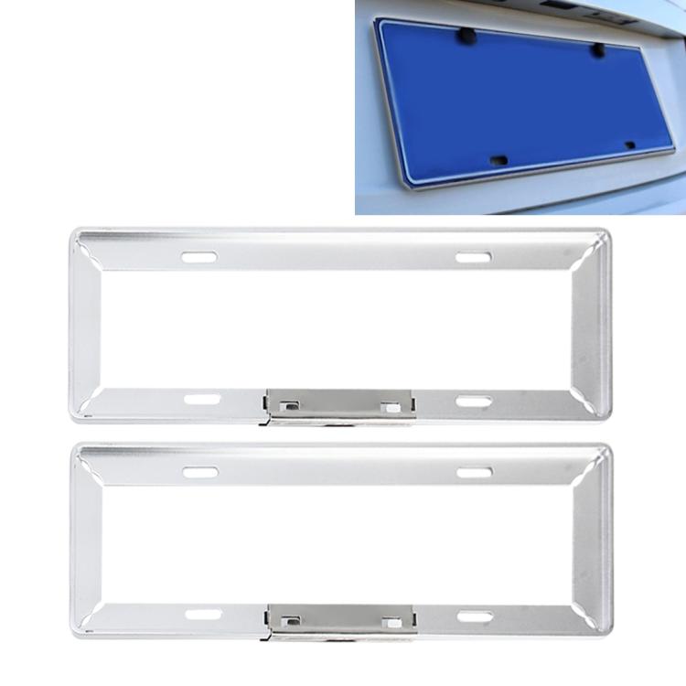 Set of two silver license plate frame holders with mounting brackets and screw slots