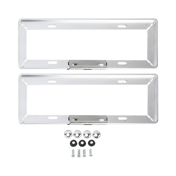 Two silver license plate frame holders with included mounting hardware and screws