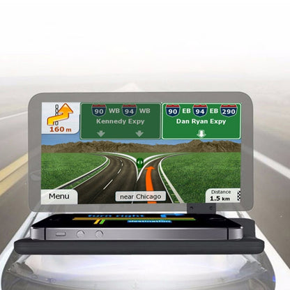 GPS HUD head-up display holder with navigation screen showing turn-right arrows