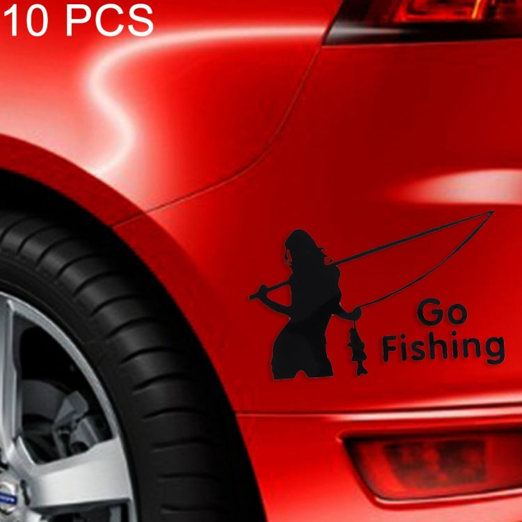 Reflective black car sticker with angler silhouette and Go Fishing text