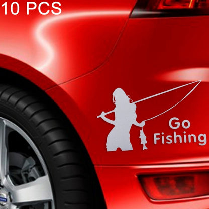 Reflective car sticker set with angler silhouette, fishing line, and Go Fishing text