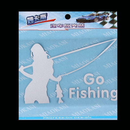 Reflective car sticker sheet with blue backing, angler silhouette, and Go Fishing print