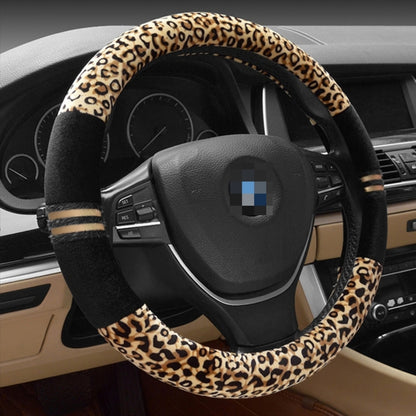 Leopard-print steering wheel cover with beige-brown ring and black inner grip bands