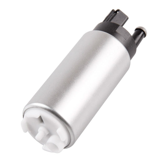 High pressure in-tank fuel pump, angled view of silver cylinder and outlet
