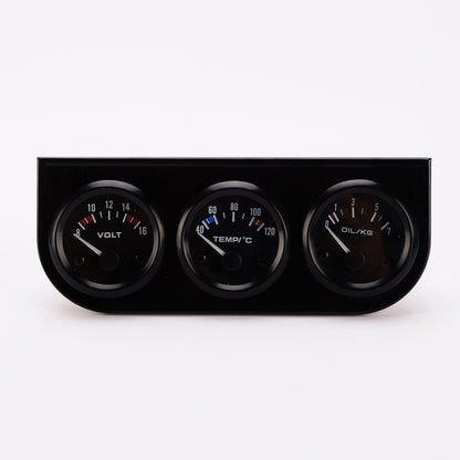 3-in-1 auto gauge meter set with three black dial gauges: volt, temp, and oil pressure