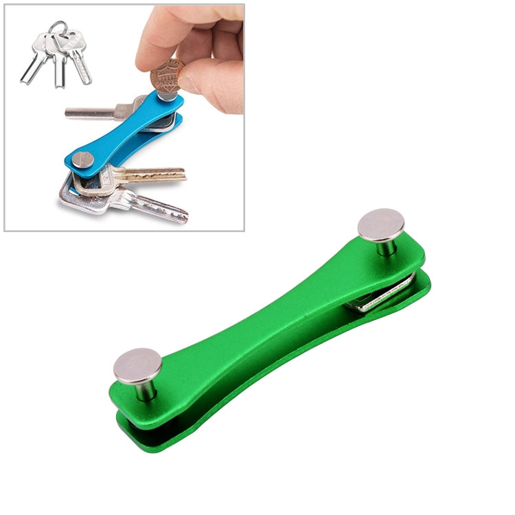 Green portable metal key storage clip with two round silver end caps
