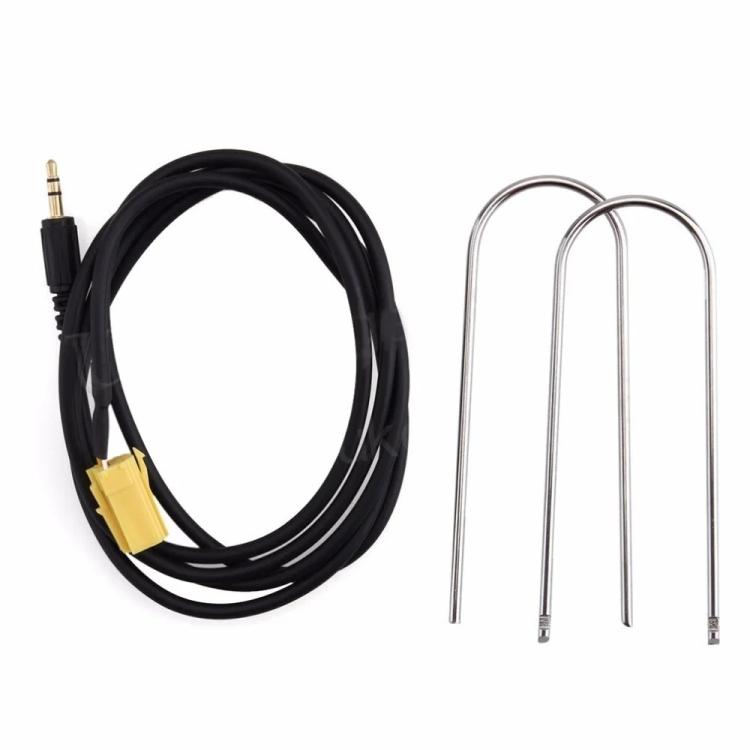 Car AUX adapter cable set with 3.5mm plug, yellow connector, and metal removal tool