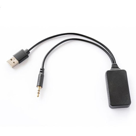 Wireless Bluetooth AUX adapter cable with USB plug, 3.5mm jack, and black control module
