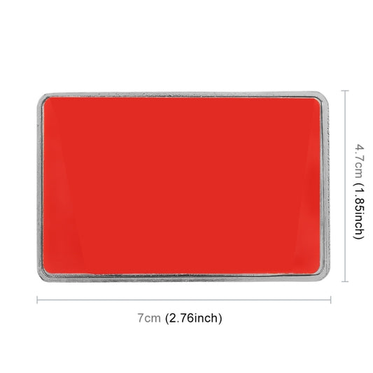 Rectangular metal sticker size 7cm x 4.7cm, red backing with silver edges