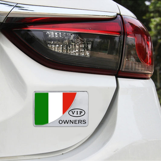 Italy flag VIP Owners metal sticker on car rear panel, rectangular silver frame