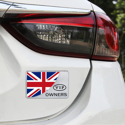 Rectangular metal car sticker with UK flag and 'VIP Owners' text, silver border