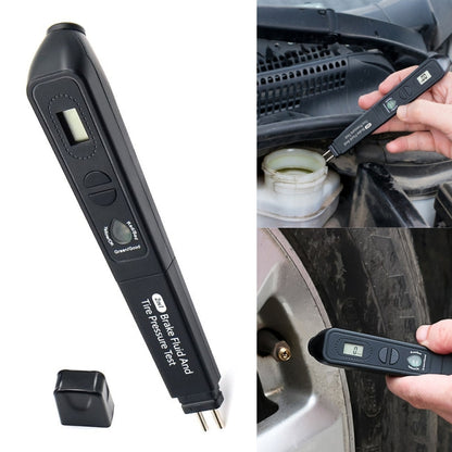 Two-in-one car tire pressure and brake fluid tester, black handheld with display and buttons