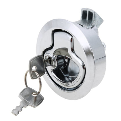 Silver cabinet door latch release with key, round cup catch mechanism
