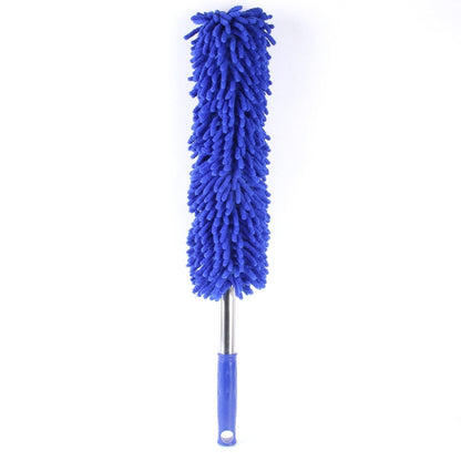 Car cleaning brush with blue chenille microfiber head and blue plastic handle