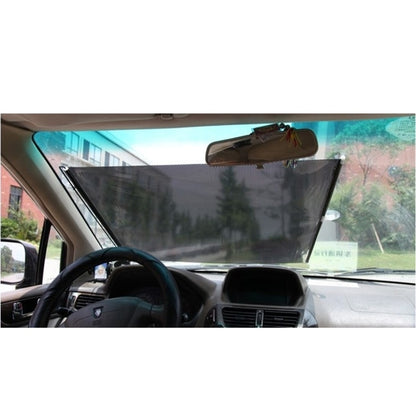 Car insulation curtain installed on windshield, black mesh with reflective top edge