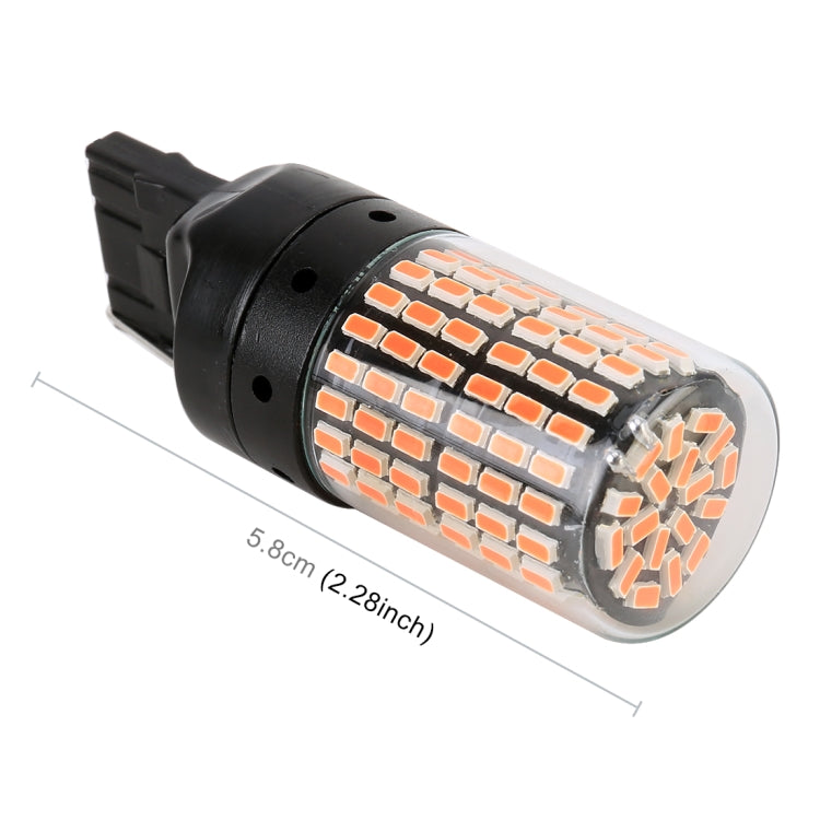 T20/7440 LED turn bulb with orange-white SMD lens, black plug base, side view