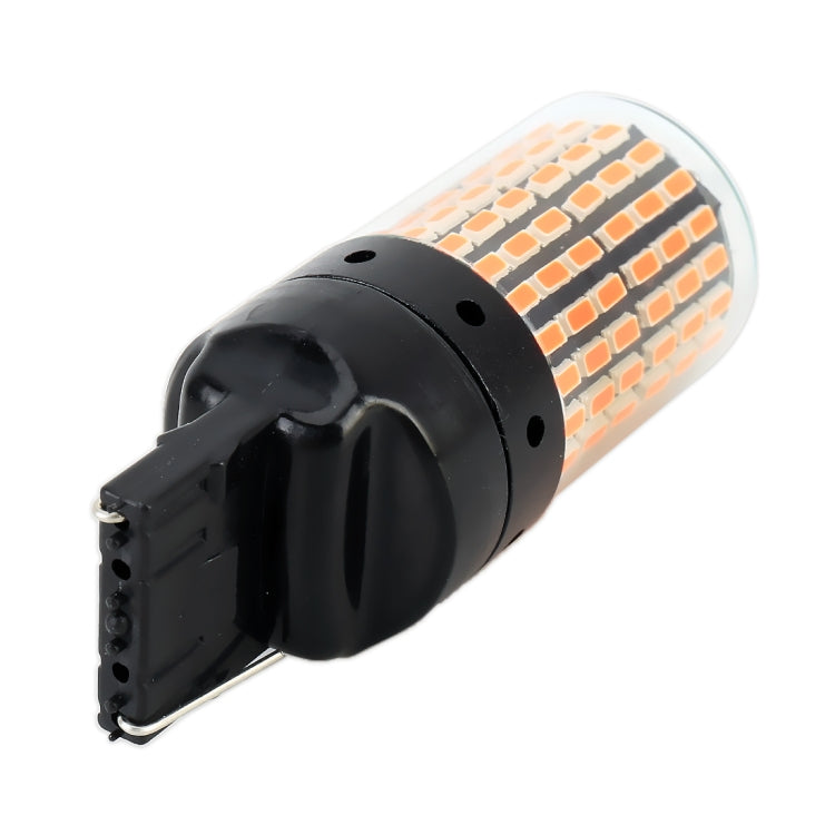 T20/7440 LED turn bulb with black housing and orange-white SMD circuit, clear front lens